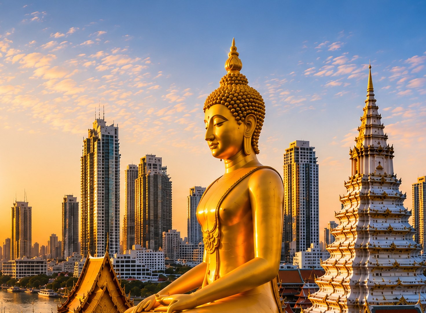 A large golden Buddha statue against the Bangkok skyline at sunset.