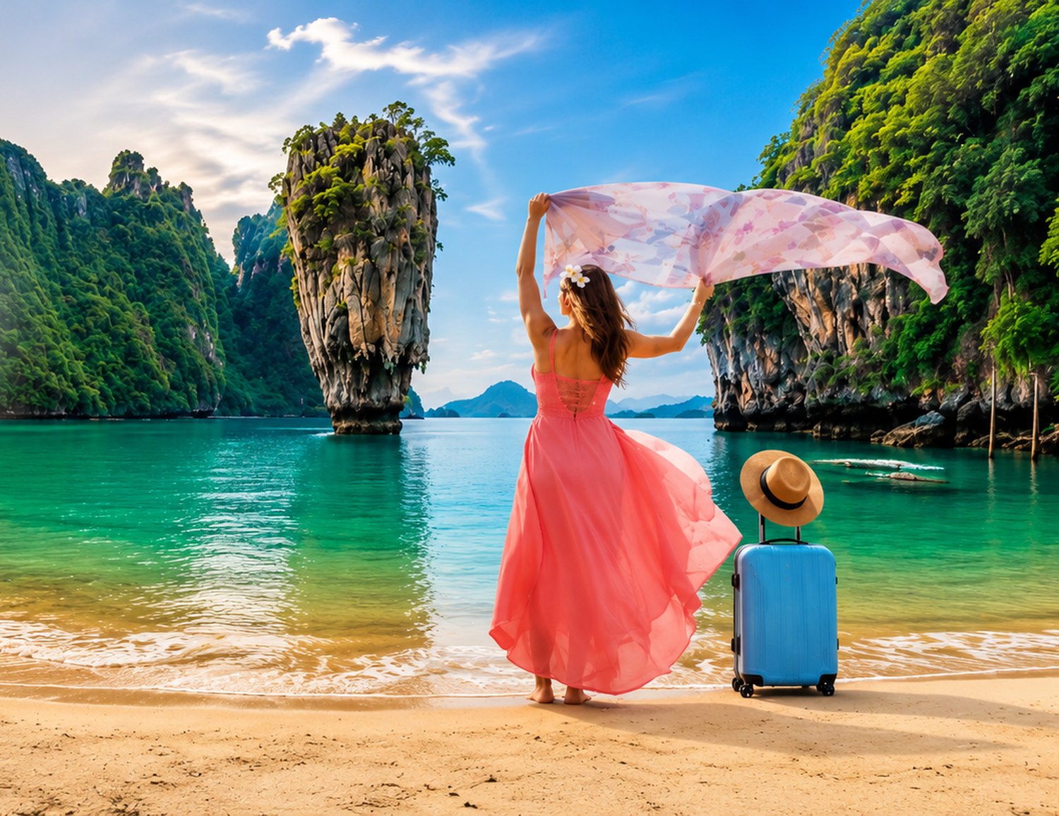 A woman on a Phuket beach seen from behind, scarf raised, facing the limestone karsts and turquoise water.