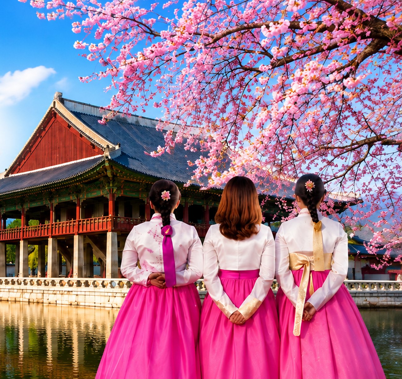 Three women in traditional hanbok seen from behind, facing a palace pavilion under cherry blossom.