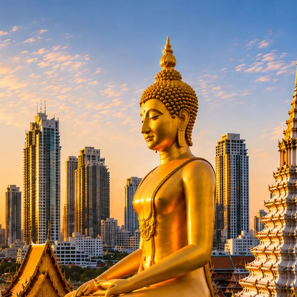 A large golden Buddha statue against the Bangkok skyline at sunset.