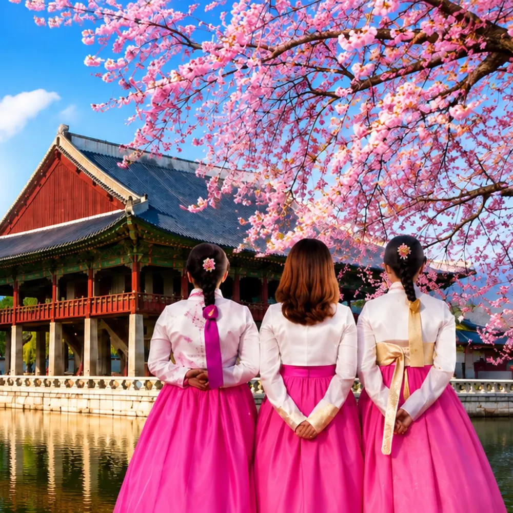 Three women in traditional hanbok seen from behind, facing a palace pavilion under cherry blossom.