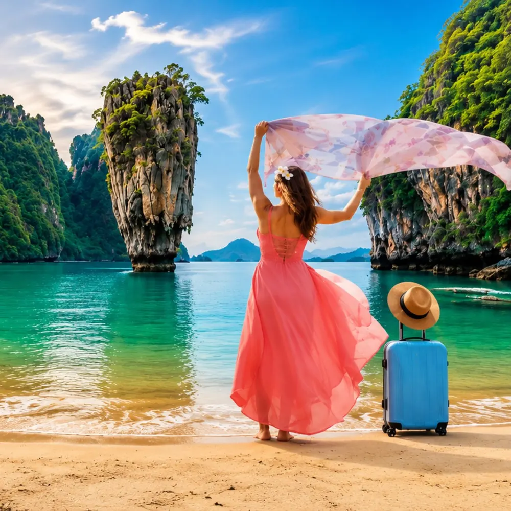 A woman on a Phuket beach seen from behind, scarf raised, facing the limestone karsts and turquoise water.