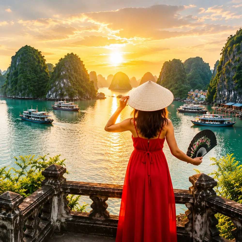 A woman seen from behind in a red dress holding a conical hat, looking out over Ha Long Bay at sunset.